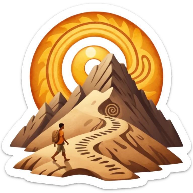 
una mezcla de sol + montaña + caminante estilo petroglifo con un espiral tipo energía ancestral sticker