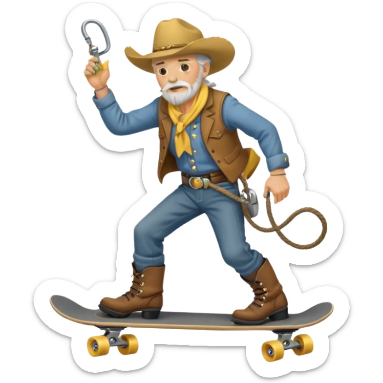 grizzled old cowboy on skateboard, lasso in hand, yellow face, boots and spurs, android emoji style sticker