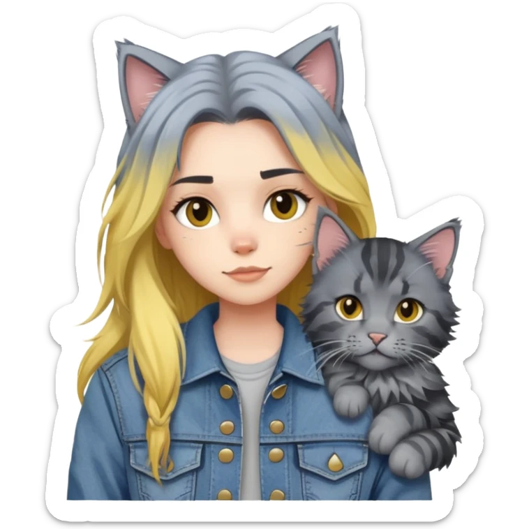 girl with black and yellow hair wearing denim jacket with gray maine coon cat sticker