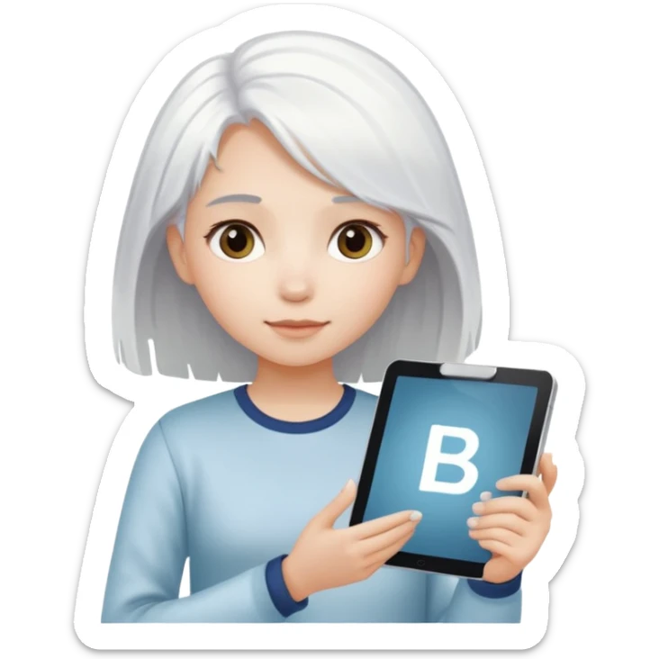 A young white hair girl, with a gradient in the hair. She holds a tablet is in your hands. The word "ВАЖНО" is on the sign  sticker