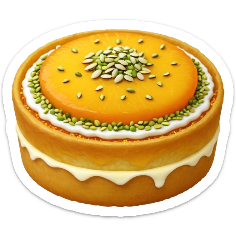 A small round emoji of traditional kanafeh with golden-orange crispy threads, a gooey white cheese center, and a light sprinkle of green pistachios. Warm and delicious-looking. sticker