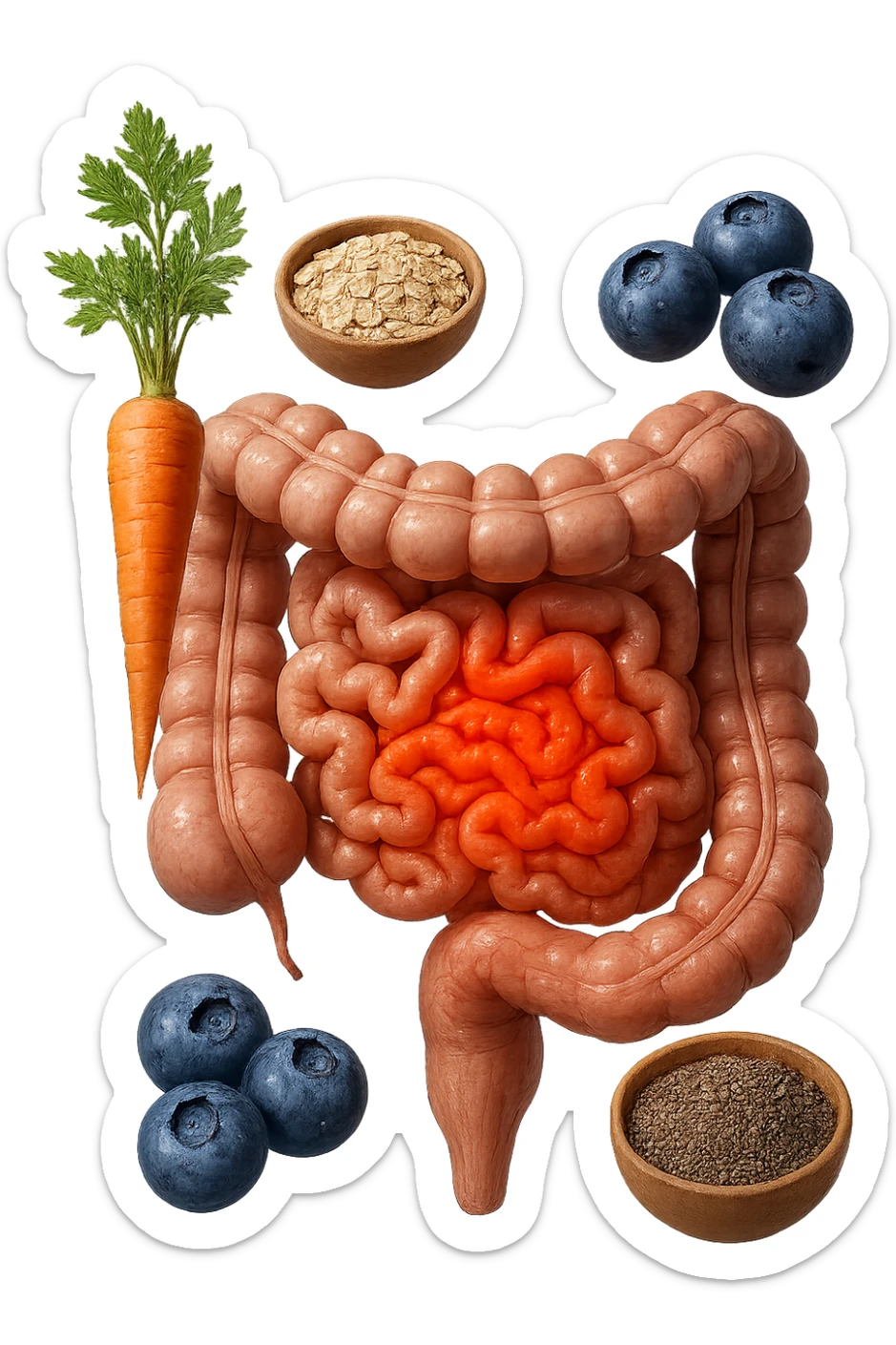 intestino umano anatomico infiammato al centro con carota, bowl di avena, mirtilli, bowl di semi di chia che gli fluttuano intorno , iperrealistico 4k sticker