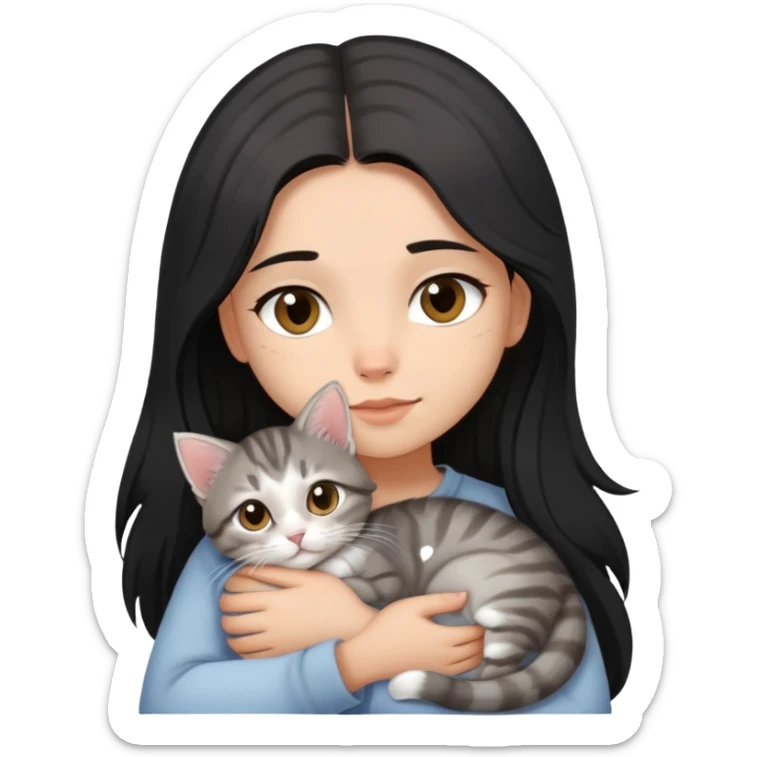  girl with black long hair, light-medium skin, brown eyes snuggling light grey tabby kitten sticker