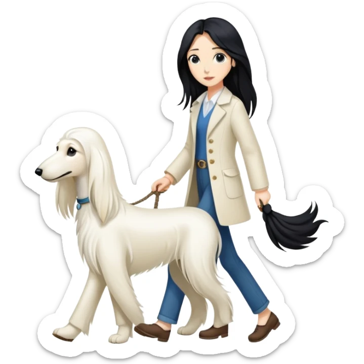 A girl with long black hair walks a white Afghan hound sticker