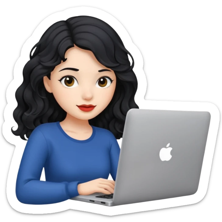 Beautiful girl, with black hair, with wavy hair, and with a laptop  sticker
