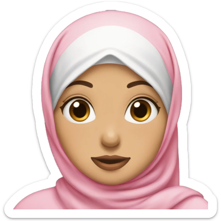 hijabi girl wearing a pink hijab with brown eyes and white skin doing a kissy face and a peace sign sticker