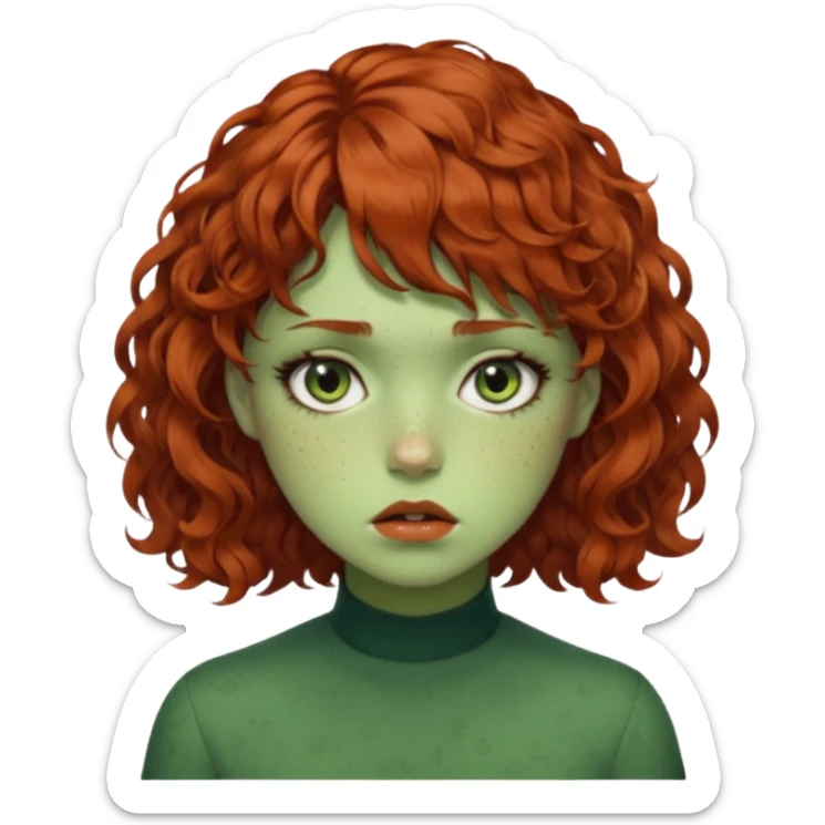 quero que você cria uma mulher, o rosto dela. nela, ela tem cabelo curto e ondulado, tem franja e ela tem semblante triste, deixe ela com pele verde. cabelo cacheado(avermelhado). ( ela tem aparência terroristica) olhos anormais assim como a boca) deixe ela com sardas sticker