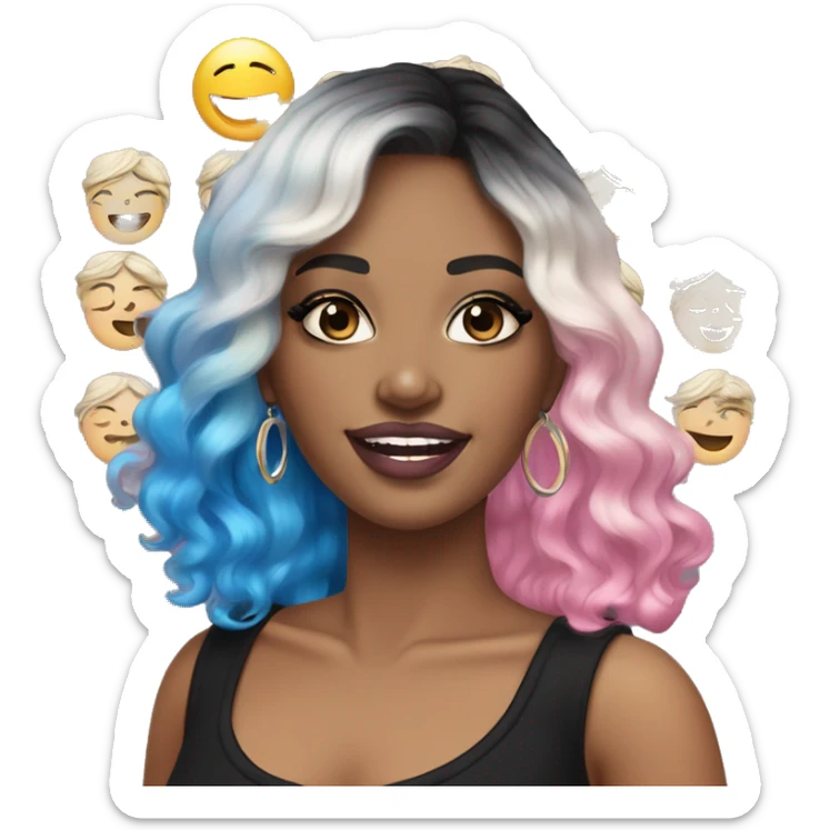 White skinned adult woman, smiling, glitter drawings makeup on her face, pink lipstick blue eyes, long black-to-blonde ombre wavy hair, ring earrings, black T-shirt. sticker