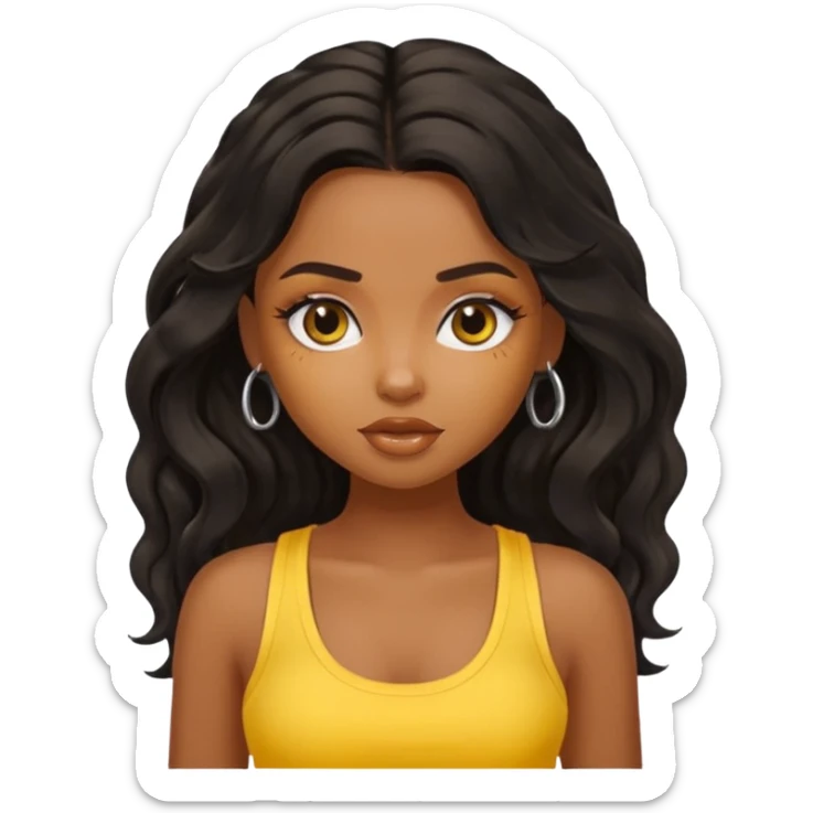 a pretty bratz dusky girl with long wavy black hair in a yellow tank top sticker