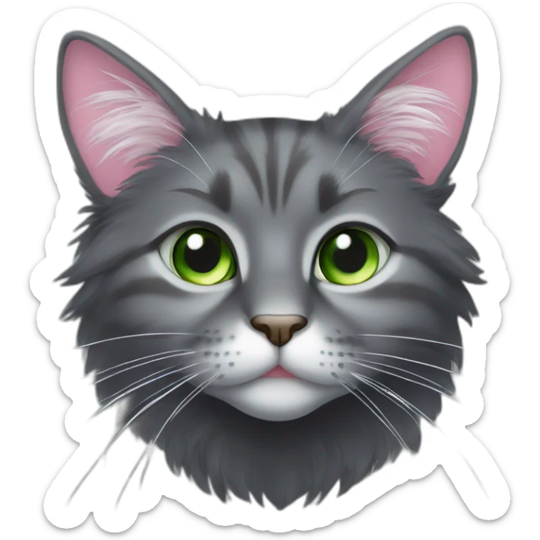 fluffy dark grey cat with pink-grey nose, green eyes and white long whiskers, near the nose there are white spots sticker