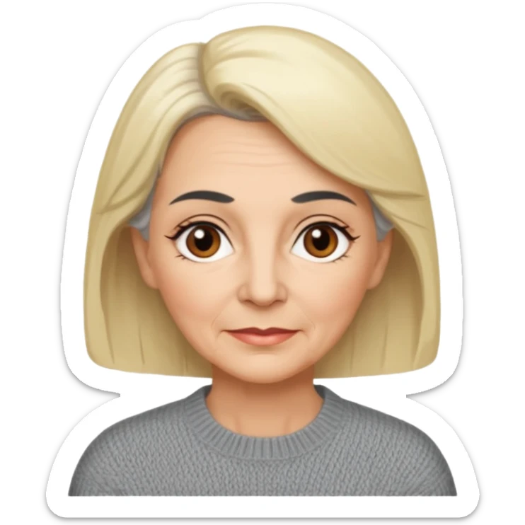 Rea emoji bionda di 70 anni occhi castani sopracciglia nere faccia più paffutella e maglione grigio ma le sopracciglia nere sticker