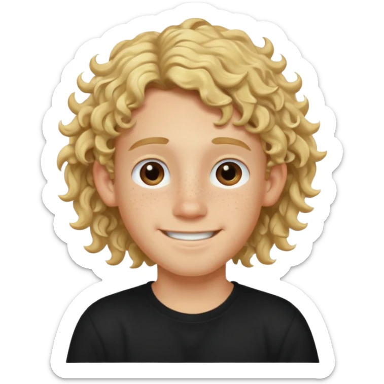 blonde boy with long curly hair past his ears, smiling, wearing a black shirt with freckles sticker