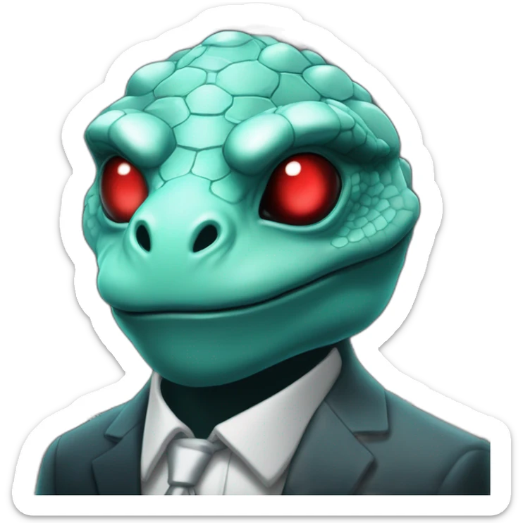 Aquamarine reptilian in classic black suite with red laser eyes on the middle of platinum coin sticker