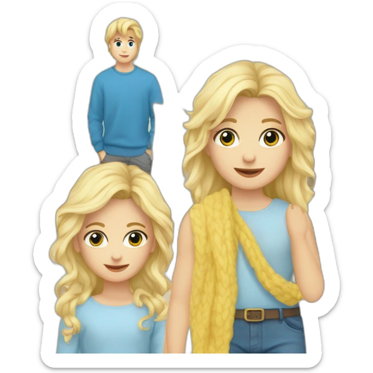 Een jongen met blonde haren blanke huis grijze trui en een blauwe broek sticker