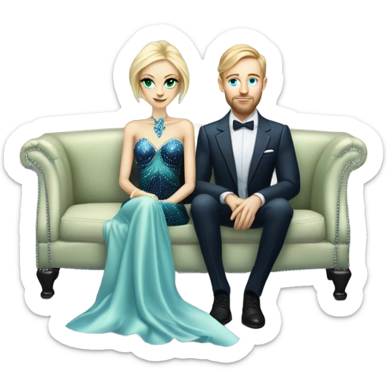 light green skin alien blonde woman in long slim pastel blue formal party satin dress with gradient shiny sparkling navy blue diamonds embroidered , and caucasian man in black dress, sitting on a beige couch  sticker