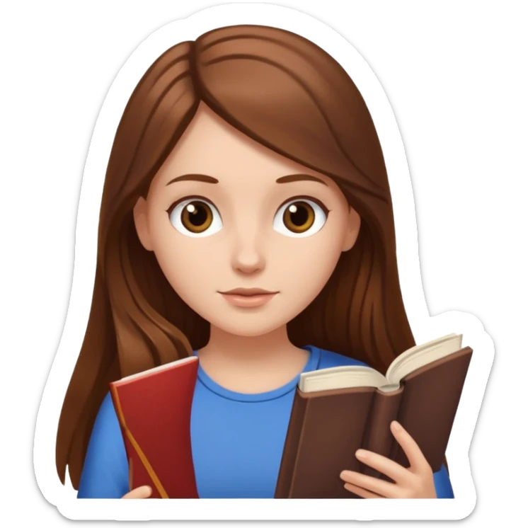 Emoji style white girl with long brown hair reading a book sticker