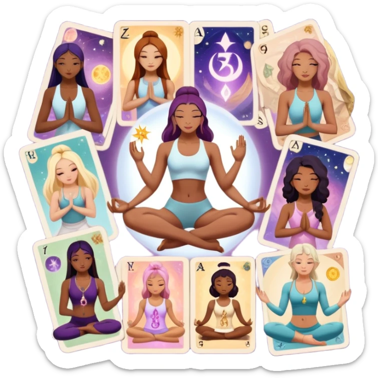 Telegram sticker pack, spiritual and magical sexy girls wearing magic clothes and outfits, doing different thing like yoga, magic , numerology, astrology, taro, cards. In some stickers put brand Resurs.space sticker