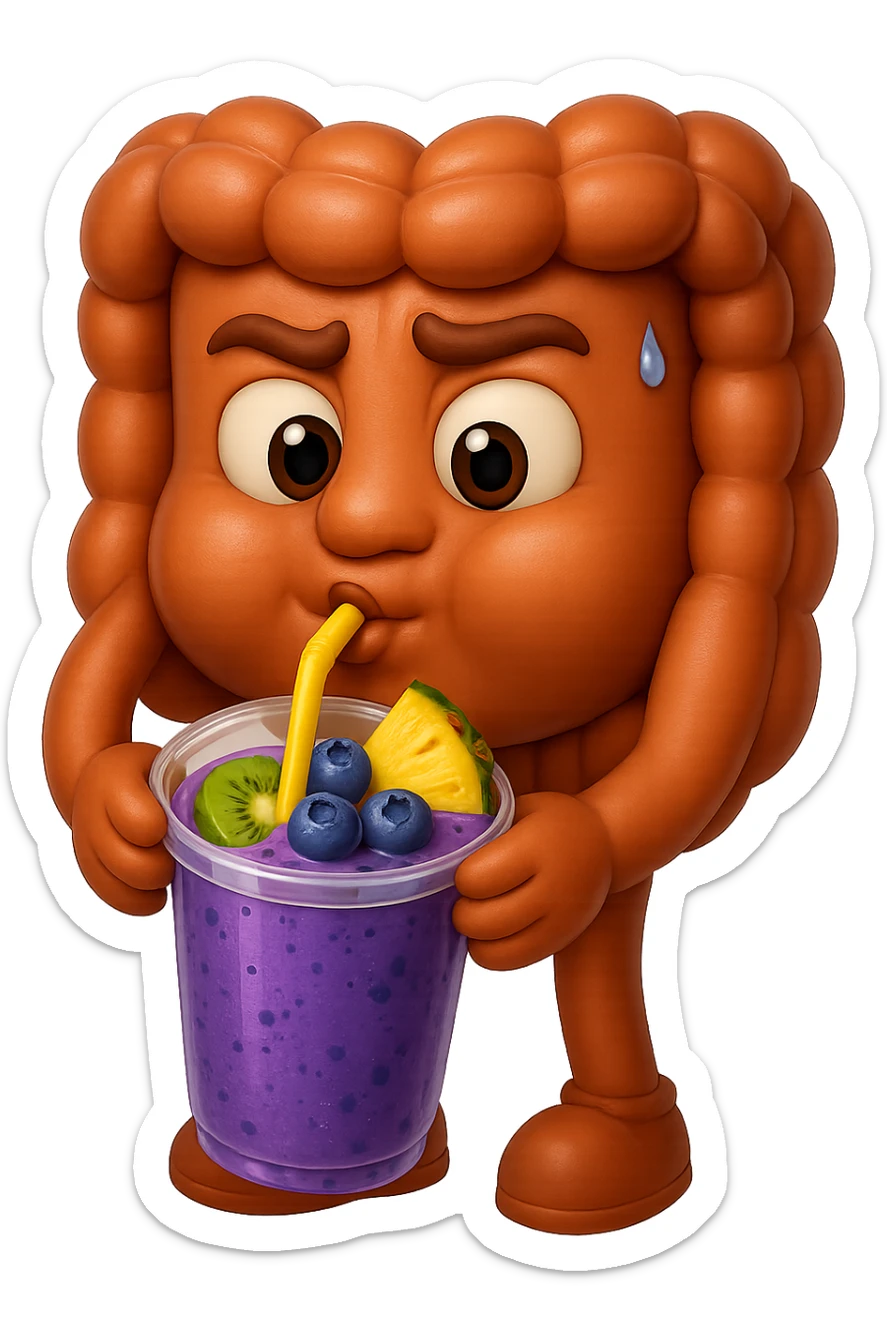 EMOJI STILE IPHONE DI un intestino umano anatomico che beve un frullato di mirtilli, ananas, kiwi, fagli anche la parte bianca degli occhi, non solo le pupille, REALISTICo 4K sticker