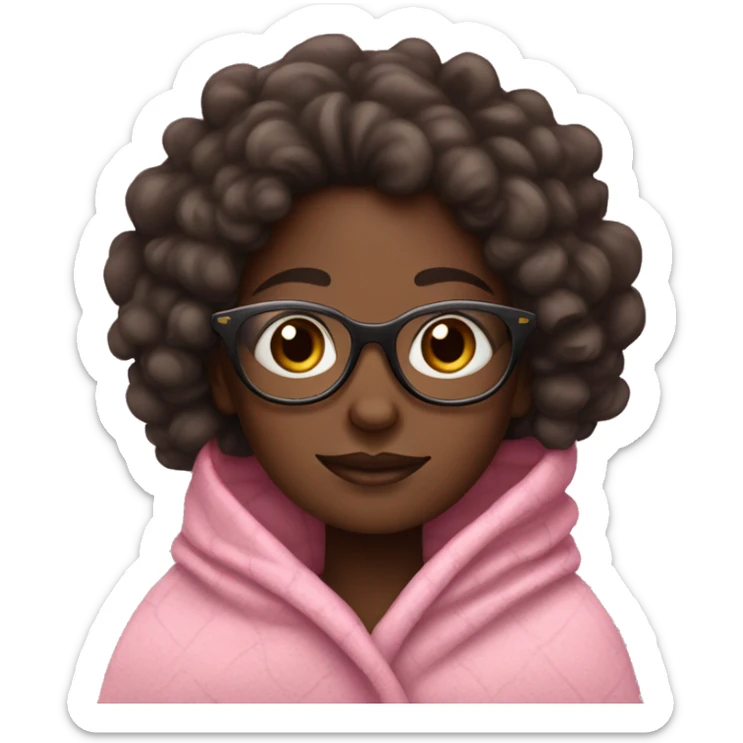 Dark skin girl with curly hair and glasses bundled up in a pink blanket with dark brown eyes sticker