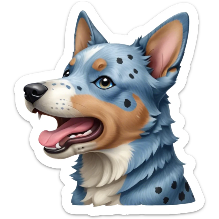 Cinematic Cute Yawning Blue Speckle Australian Cattle Dog Portrait Emoji, Head tilted slightly with a dramatic, wide-open yawn, showcasing a sleek blue speckle Fur with distinct markings, floppy ears slightly drooping, round blue eyes barely open in drowsy contentment, Simplified yet irresistibly adorable features, highly detailed, glowing with a soft, cozy glow, high shine, relaxed yet expressive, stylized with a touch of whimsy, bright and endearing, soft glowing outline, capturing the essence of a sleepy yet affectionate herder, so drowsy it feels like it could stretch out of the screen and curl up for a nap! sticker