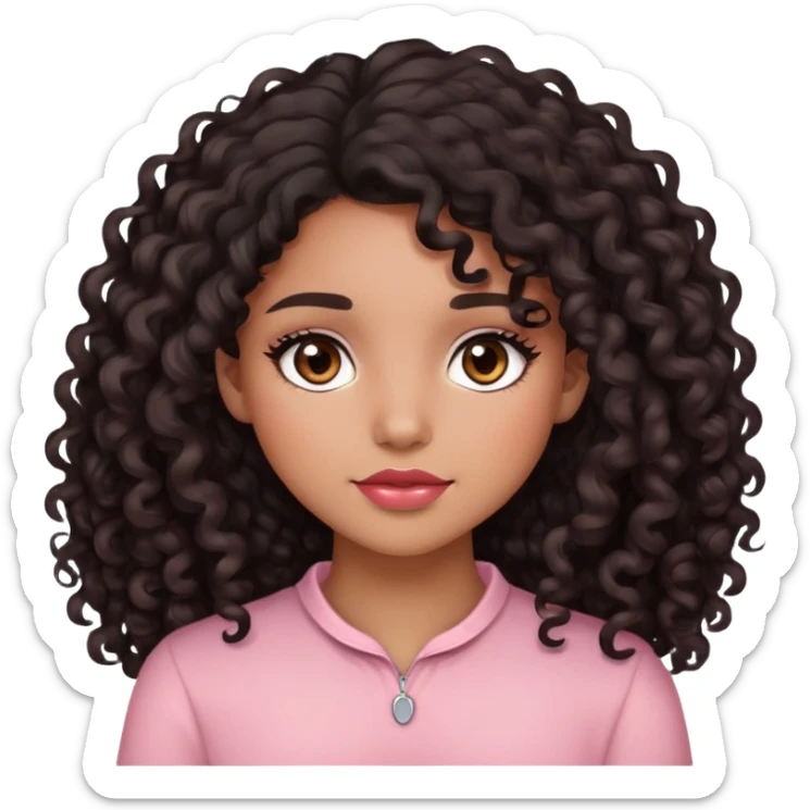 Light Brown girl, long black curly hair, beautiful dark brown brown eyes, light brown skin and LIGHT pink red blush sticker