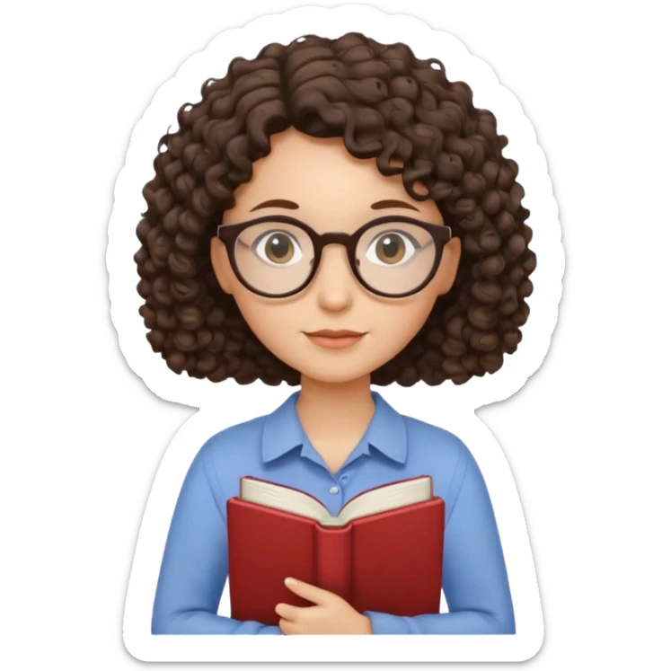 female English teacher with glasses and wearing a shirt, holding an English book. I have dark brown a little curly hair. My glasses are rather round than square shape. sticker