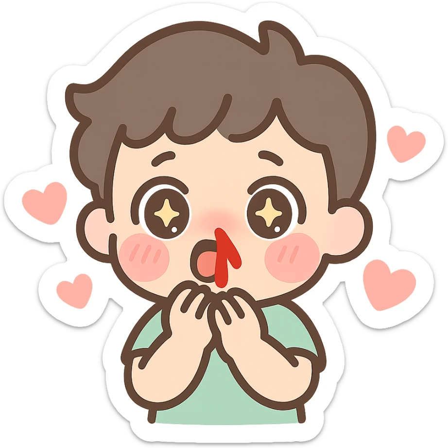anime-style emoji of a shocked cartoon boy, wide eyes, red nosebleed, blushing cheeks, surrounded by hearts sticker
