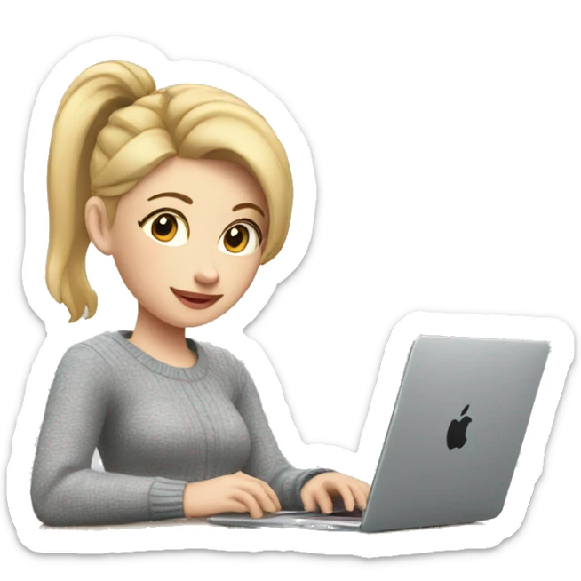 Woman with pale skin, short blonde ponytail and gray sweater sitting at table with Apple laptop sticker