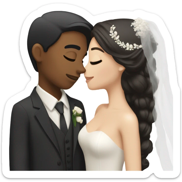 Bride with brunette hair and fair skin kissing groom with black hair and beige skin sticker