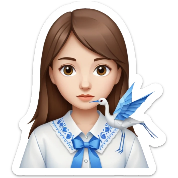 A Ukrainian young girl with brown hair wearing a white embroidered shirt holds an origami blue crane sticker