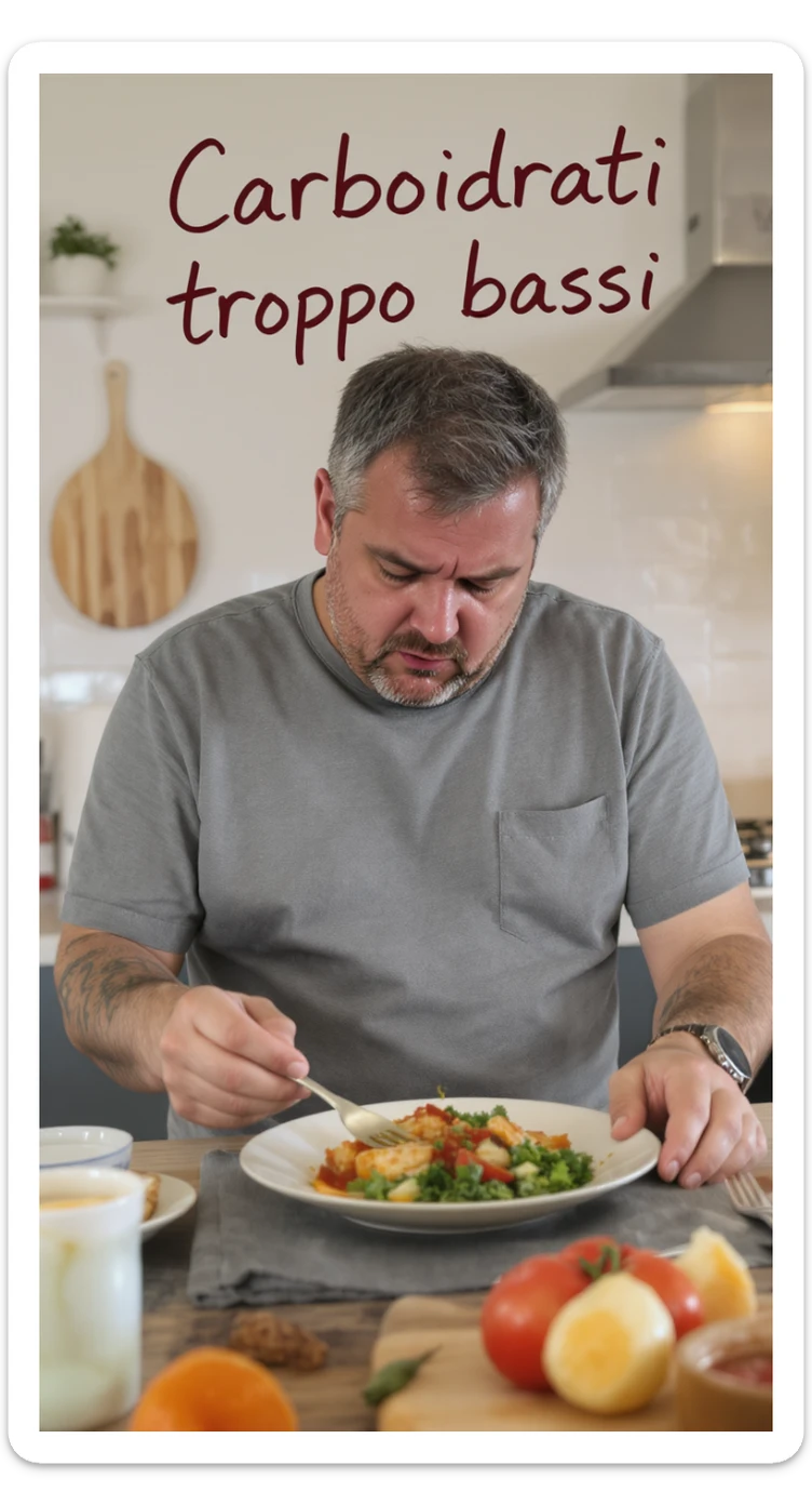 Uomo sui 35 anni in cucina, con espressione affaticata e spenta, guarda un piatto con pochissimi carboidrati (solo qualche verdura e proteine). Accanto a lui, fogli con una dieta rigida e una scritta visibile: 'Carboidrati troppo bassi'. sticker
