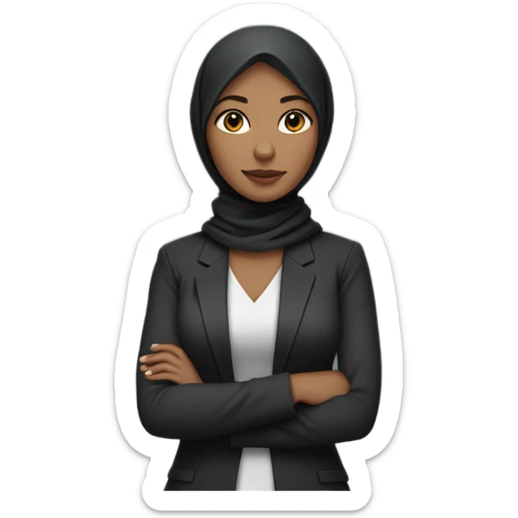 half body career woman wearing a hijab with her arms crossed over her chest, her skin is light skintone, wearing a black blazer and gray hijab sticker