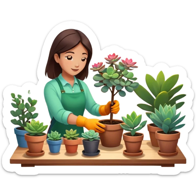 Close-up of a person planting a sapling in a pot. Around, potted plants and succulents with vibrant leaves and flowers. Sunlight filters through the window, casting soft shadows. Cozy indoor space with gardening tools on a wooden table. sticker