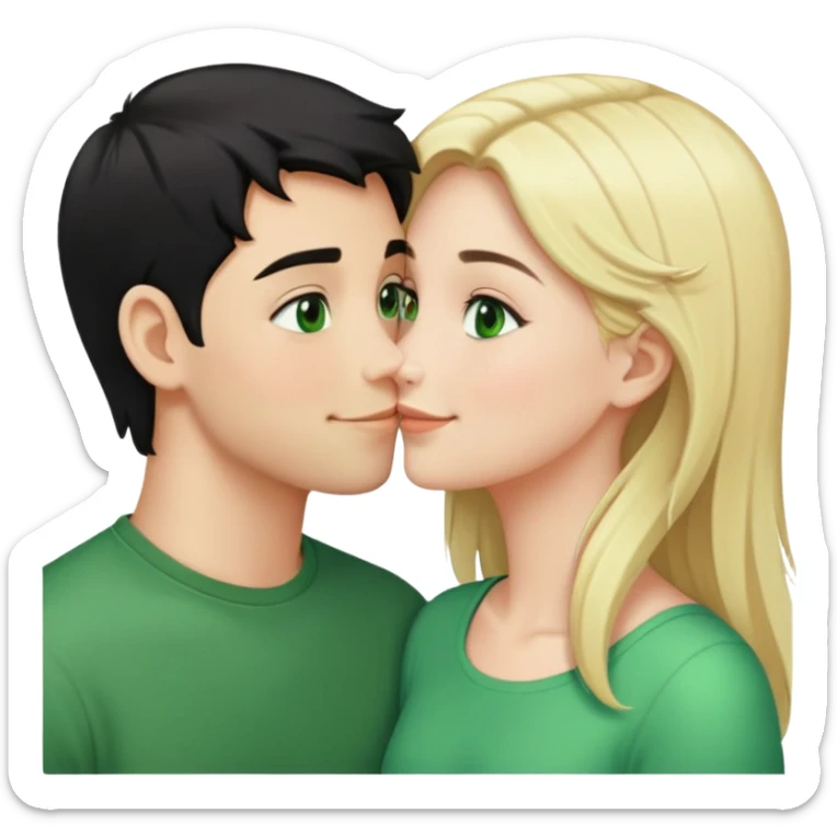 Smiling kissing couple of boy with short black hair and green eyes and blonde girl with long hair sticker