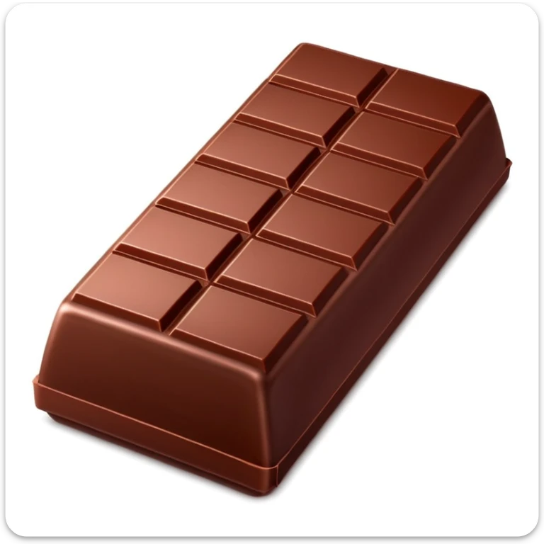 3D apple-style emoji of a chocolate bar half unwrapped in shiny red and silver foil, visible square chocolate segments, rich brown color, simplified shapes, cartoon-like look, glossy finish, soft shadows, minimal and clean design, no face or branding, white background sticker