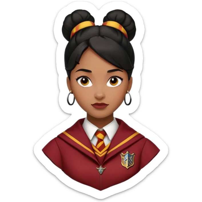Angelina Johnson in harry potter, wear hogwarts gryfindor uniform,  thick, black bun hair , reflecting her bold, stylish, and strong personality sticker