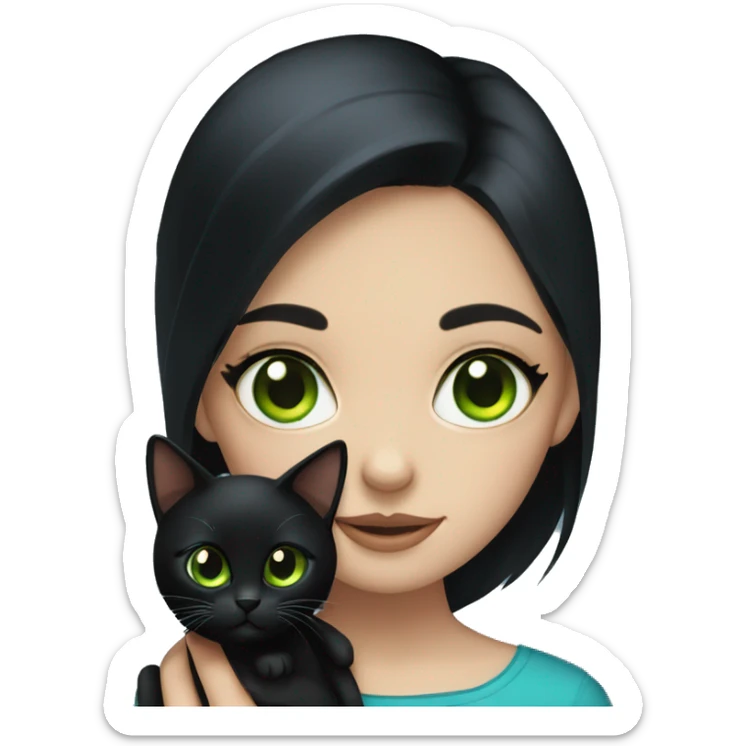 Girl with black hair and blue eyes holding a black cat with green eyes  sticker