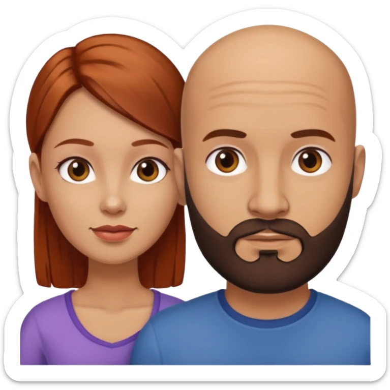 Couple. A bald man with dark brown beard and a girl with light skin. She is a redhead and has dark yellow brown auburn hair. Different skincolor. She has very light skin. sticker