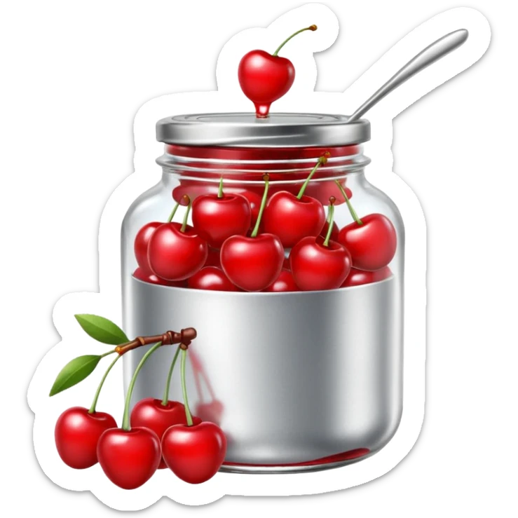 Realistic glass jar with silver metallic lid filled with maraschino cherries inside of it. sticker