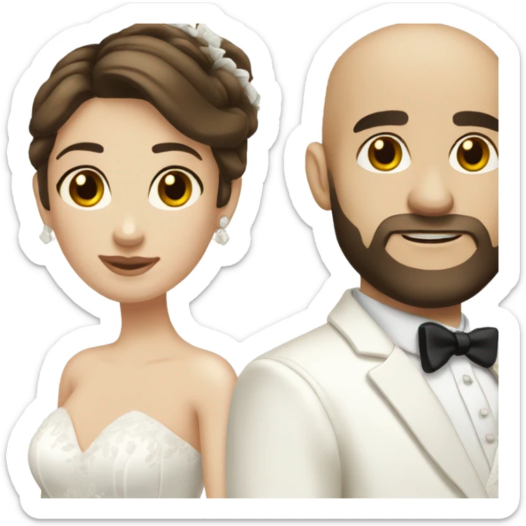 bride with long brown hair and bald dark hair and dark eyes bearded groom with white suit sticker