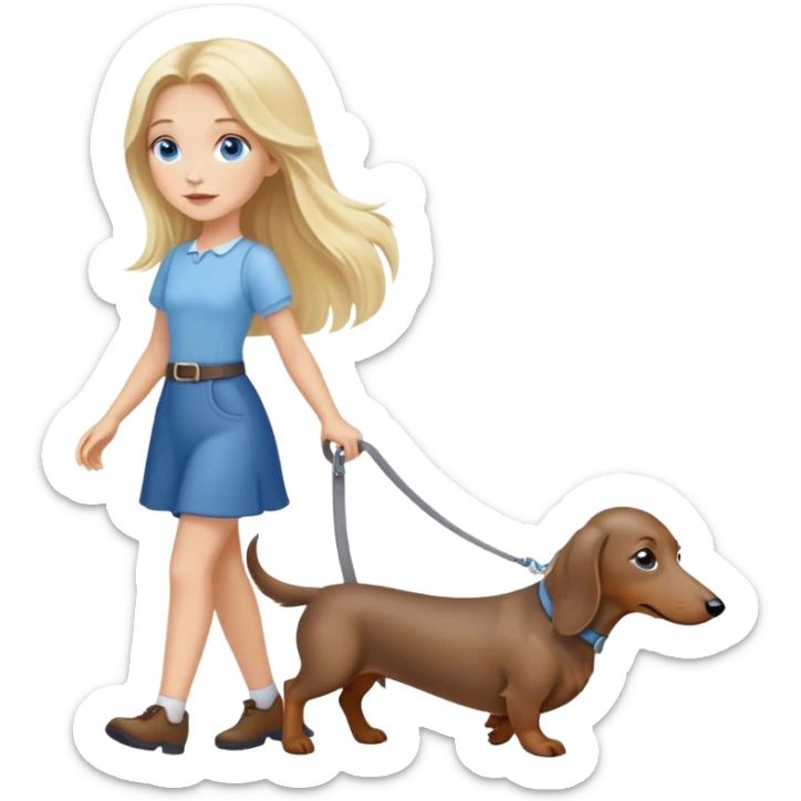 blonde girl with long hair and blue eyes walks with a gray dachshund sticker