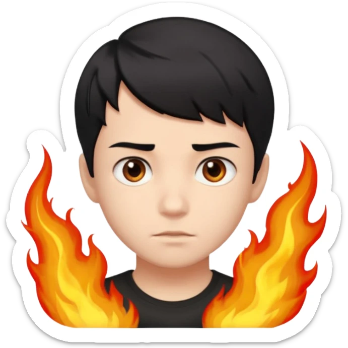 An Emoji of boy with short black hair, who can be described by three words: risk-taker, fire, realist sticker