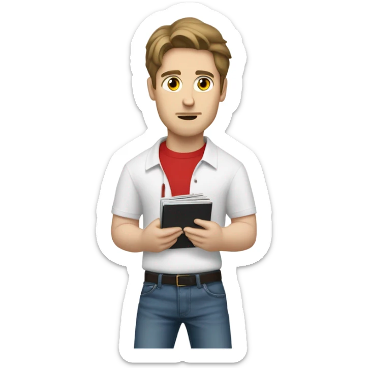 attractive brunette man wearing red polo overtop a white shirt and really baggy jeans looking at records, pale skinned sticker