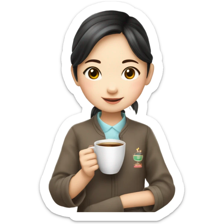 Create an animated emoji: a lovely Chinese little girl pushing a cup of hot coffee in and saying “thank you, my teacher!” The girl is just as high as the cup. sticker