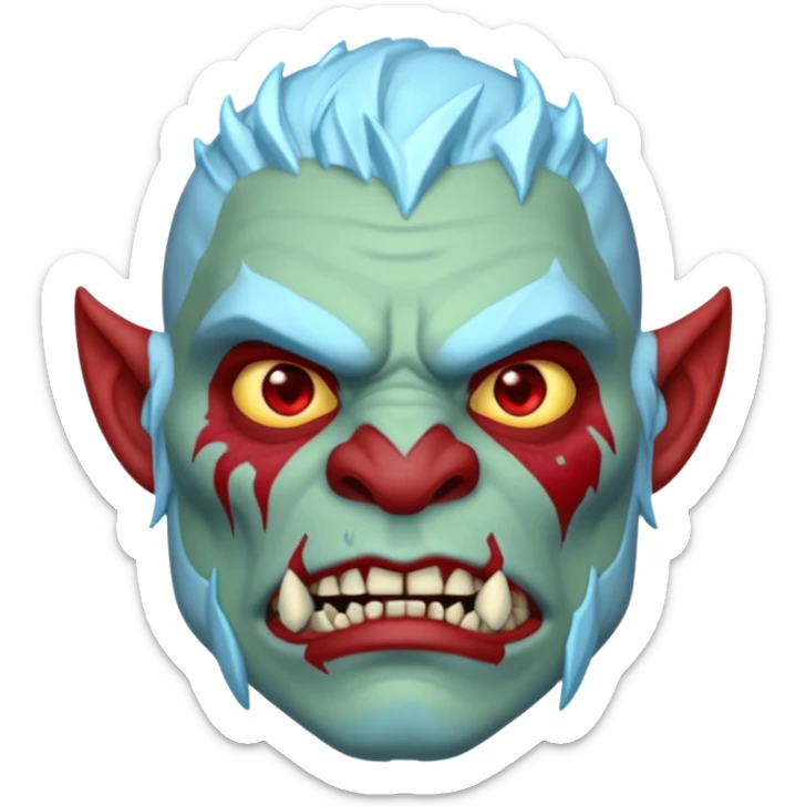 Fantasy orc portrait emoji, frozen scar glowing deep red against icy blue skin tones, primal winter survival theme, restrained detail, clean readable emoji style, male/female variant
 sticker