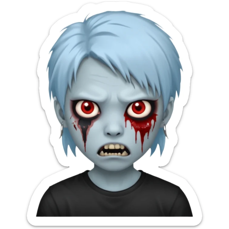  3D emoji-style avatar with very pale blue-grey zombie skin , a young Asian face, and large eyes with blood tears. Give it white litle bit messy mullet hair style , silver hoop earrings, and a plain black T-shirt. The face expression should be slightly angry, with vampire fang sticker
