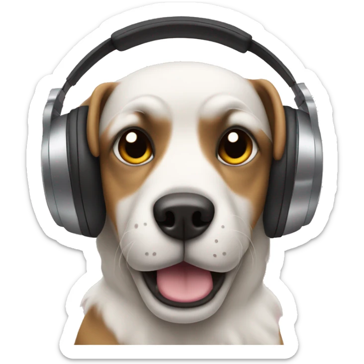 Dog listening to music with headphones on and his hands on them sticker