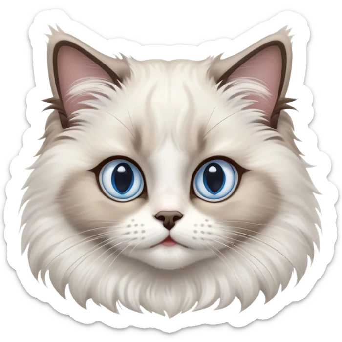 cinematic-adorable-big-eyed-fluffy-ragdoll-cat-portrait-emoji,-head-tilted-playfully-with-a-sweet-expression,-fluffy-white and grey-fur,-simplified-yet-irresistibly-cute-features-with-large,-expression, blue eyed ragdoll cat sticker