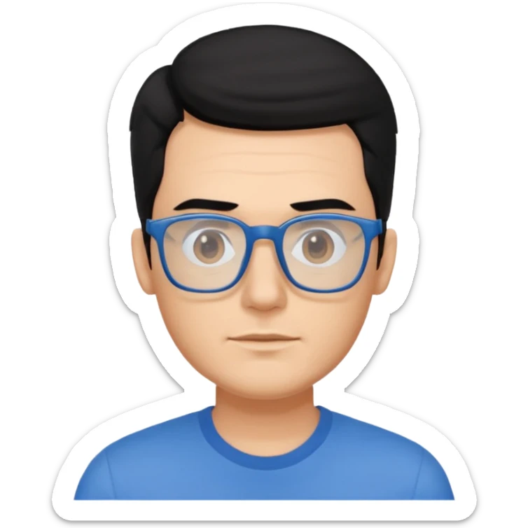 portrait of american man, wearing a blue shirt, square glasses, black hair sticker