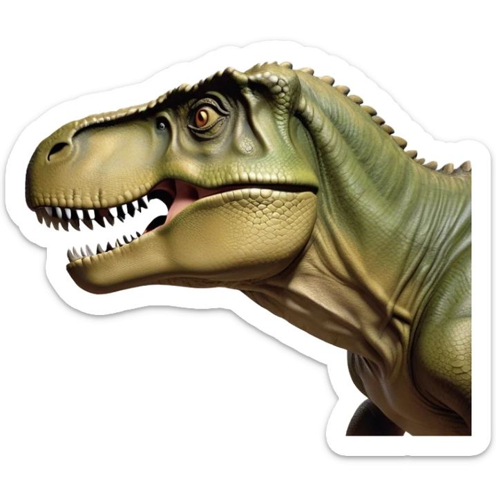 Beautiful and Majestic T-rex Portrait Emoji, Head and body resting peacefully with a serene, confident expression, showcasing its colossal, muscular form and a subtle, regal glint in its eyes, Simplified yet exquisitely endearing features, highly detailed, glowing with a soft, drowsy prehistoric light, high shine, relaxed and utterly majestic, stylized with an air of ancient splendor, soft glowing outline, capturing the essence of a beautiful and majestic T-rex that feels destined to become the next viral icon of awe-inspiring dinosaur beauty! sticker
